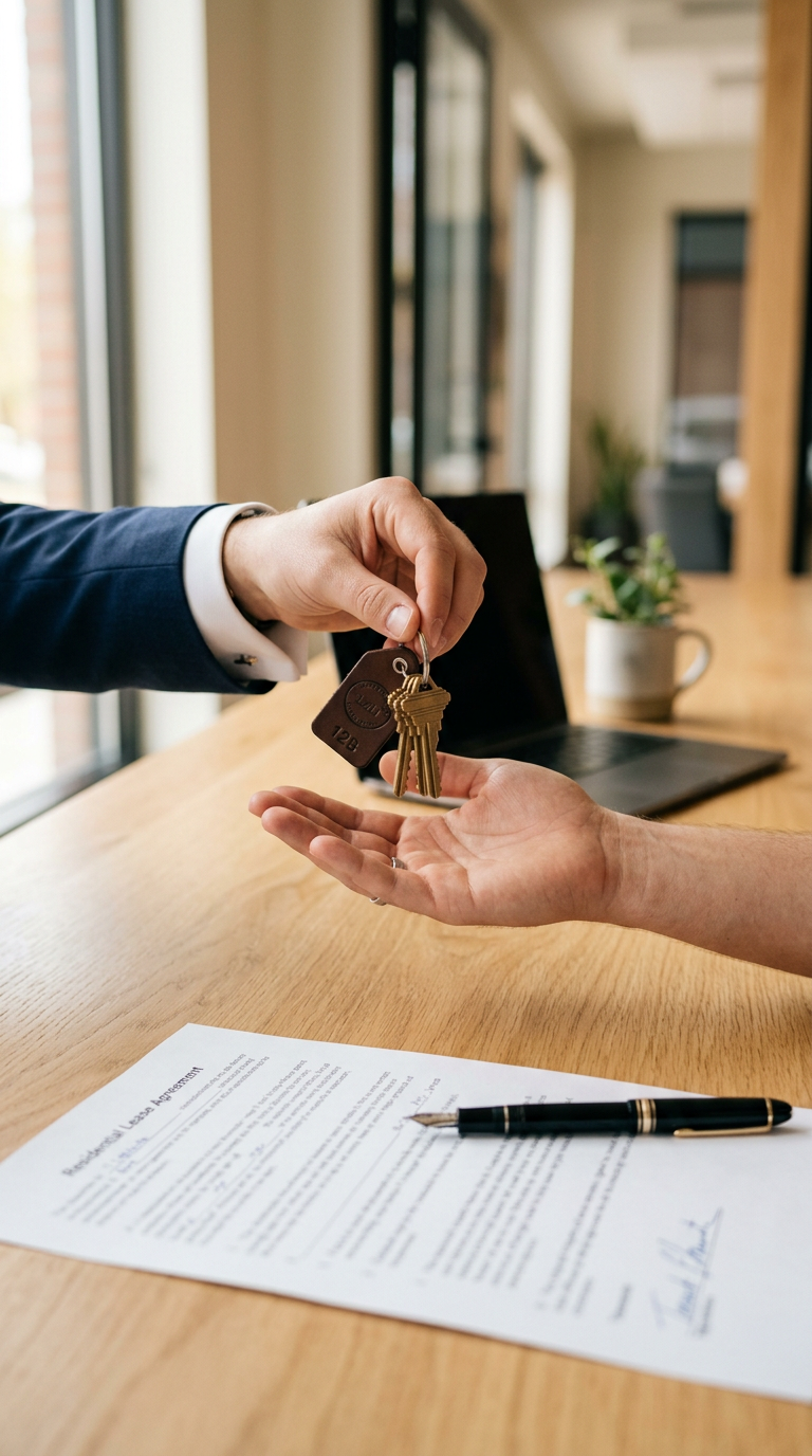 Leasing agent handing apartment keys to a new tenant above a signed lease agreement